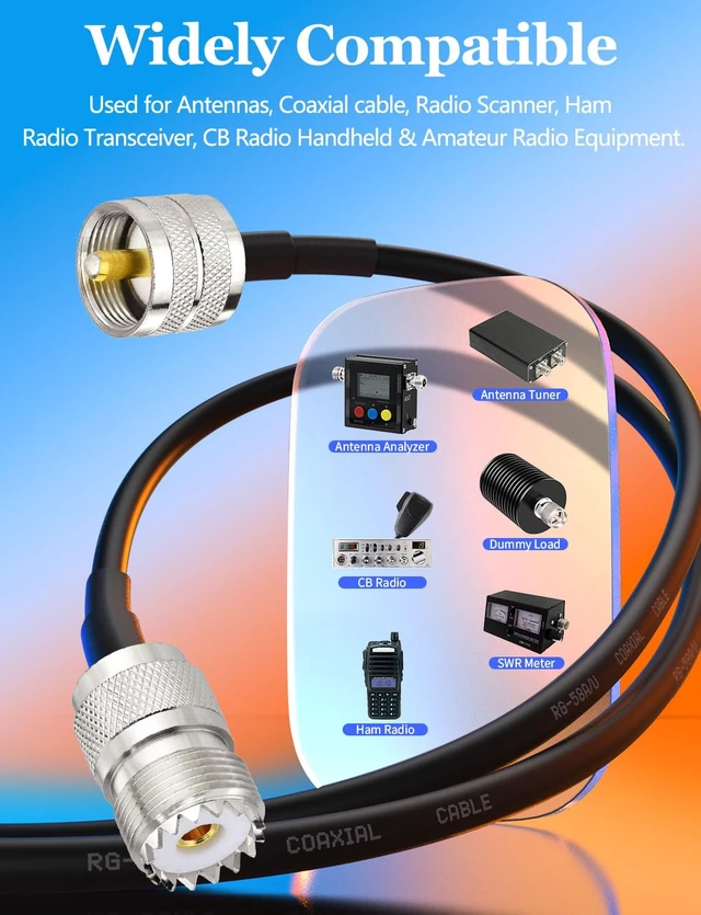 Alt view image 4 of 7 - PL-259 UHF CB Coax Cable 10ft RG58 PL259 to SO239 SWR Meter Cable UHF Male to Female 50 Ohm Low Loss Extension for CB Radio Antenna Switch Antenna Analyzer Dummy Load etc