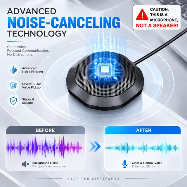 Alt view image 2 of 7 - 360° Computer Microphone for PC, USB Conference PC Mic, Noise-Canceling Technology, Recording, Skype, Online Class, Court Reporter, Plug & Play, Compatible with Windows/PC/Desktop/Laptop