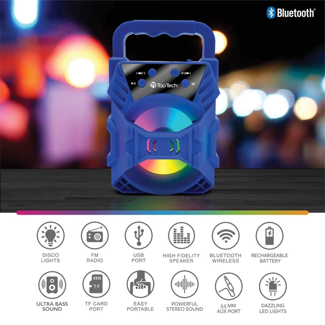 Alt view image 3 of 6 - Audio Blade-4 400W Bluetooth Speaker, Portable 3-Inch Wireless Speaker with LED Lights, TWS Functionality, Karaoke Mode, 6-Hour Rechargeable Battery, USB Drive, TF Card, AUX, FM Radio, Blue