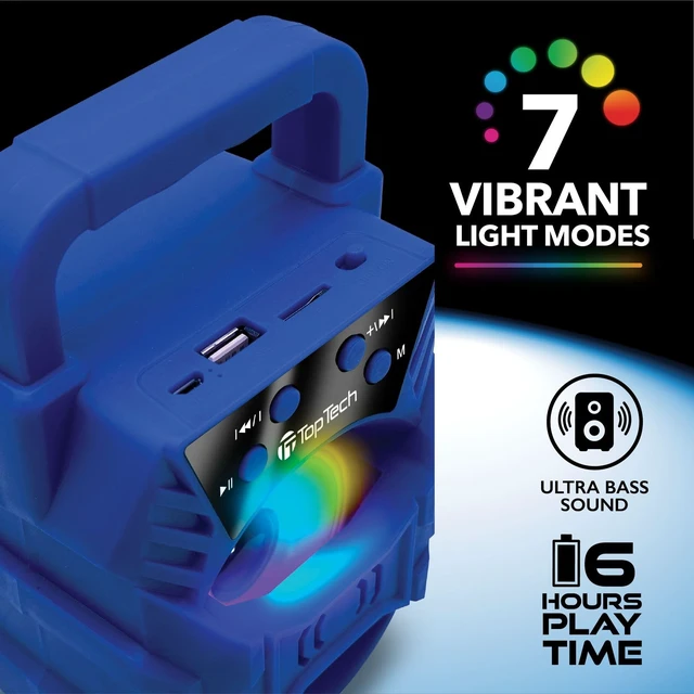 Alt view image 5 of 6 - Audio Blade-4 400W Bluetooth Speaker, Portable 3-Inch Wireless Speaker with LED Lights, TWS Functionality, Karaoke Mode, 6-Hour Rechargeable Battery, USB Drive, TF Card, AUX, FM Radio, Blue