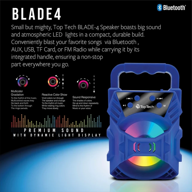 Alt view image 4 of 6 - Audio Blade-4 400W Bluetooth Speaker, Portable 3-Inch Wireless Speaker with LED Lights, TWS Functionality, Karaoke Mode, 6-Hour Rechargeable Battery, USB Drive, TF Card, AUX, FM Radio, Blue