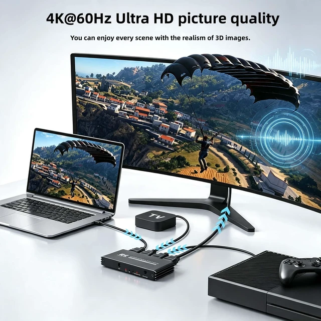 Alt view image 4 of 6 - HDMI 2.0 Switch, 4K@60Hz HDMI Splitter Switcher 3 in 1 Out, Aluminum HDMI 2.0 Switch Box Hub for 3D, HDCP2.2, HDR, Compatible with B0X, PS5/4/3,Fire Stick,Roku,Blu-Ray Player