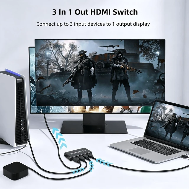 Alt view image 3 of 6 - HDMI 2.0 Switch, 4K@60Hz HDMI Splitter Switcher 3 in 1 Out, Aluminum HDMI 2.0 Switch Box Hub for 3D, HDCP2.2, HDR, Compatible with B0X, PS5/4/3,Fire Stick,Roku,Blu-Ray Player