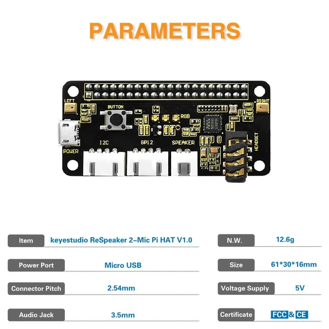 Alt view image 4 of 6 - ReSpeaker 2-Mic Pi HAT V1.0 for Raspberry Pi 4/4B, Raspberry Pi 3 3B+/2 2B