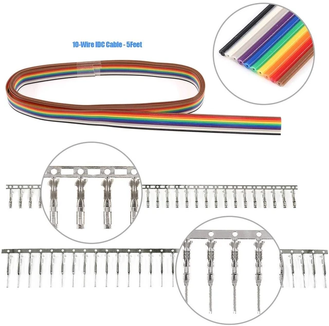 Alt view image 5 of 7 - 1191Pcs 2.54mm Pitch 1 2 3 4 5 6 7 8 9 10 Pin Housing Connector and Male Female Crimp Pins with Pin Header and 10 Wire Rainbow Color Flat Ribbon IDC Cable Compatible with Dupont Connector Kit