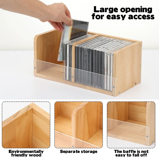 Alt view image 6 of 7 - CD Holder Retro CD Rack Organizer, Wooden CD Holder Stand, CD Storage Rack, Game Disc Display CD Organizer Desk Stand Protection Storage Cube for Theatre Room Collectibles