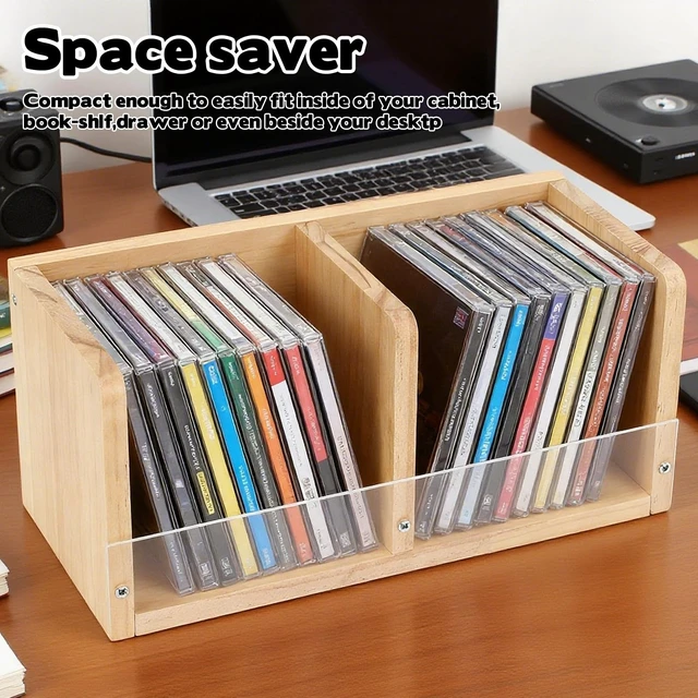 Alt view image 7 of 7 - CD Holder Retro CD Rack Organizer, Wooden CD Holder Stand, CD Storage Rack, Game Disc Display CD Organizer Desk Stand Protection Storage Cube for Theatre Room Collectibles