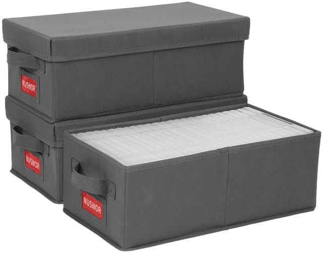 Main image of DVD Storage Box - Stackable DVD Case Holder Organizer, DVD Storage Solutions Pack of 3- Holds up to 75 DVDs - 15.75 x 8.1 x 6.1 inches - Grey