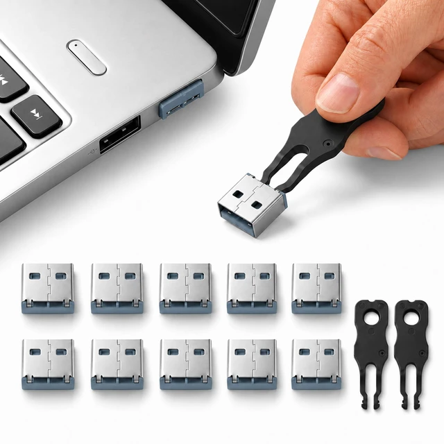 Main image of USB A Port Blockers 10 Pack, Two Point Zinc Alloy Locks, 2 Keys, Blue Two point locking design, zinc alloy construction, helps deter unauthorized USB access, removable with included keys