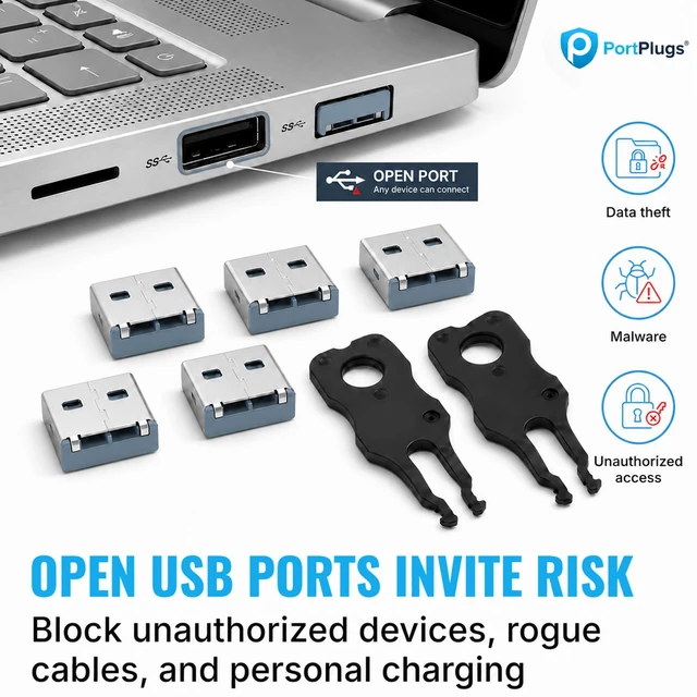 Alt view image 2 of 7 - USB A Port Blockers 10 Pack, Two Point Zinc Alloy Locks, 2 Keys, Blue Two point locking design, zinc alloy construction, helps deter unauthorized USB access, removable with included keys