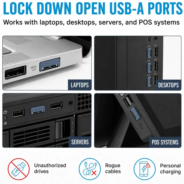 Alt view image 3 of 7 - USB A Port Blockers 10 Pack, Two Point Zinc Alloy Locks, 2 Keys, Blue Two point locking design, zinc alloy construction, helps deter unauthorized USB access, removable with included keys