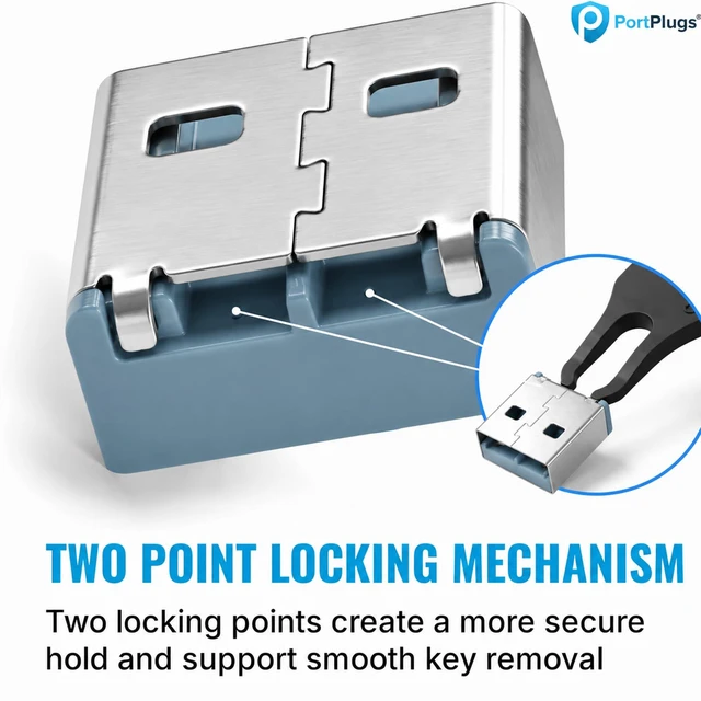 Alt view image 4 of 7 - USB A Port Blockers 10 Pack, Two Point Zinc Alloy Locks, 2 Keys, Blue Two point locking design, zinc alloy construction, helps deter unauthorized USB access, removable with included keys
