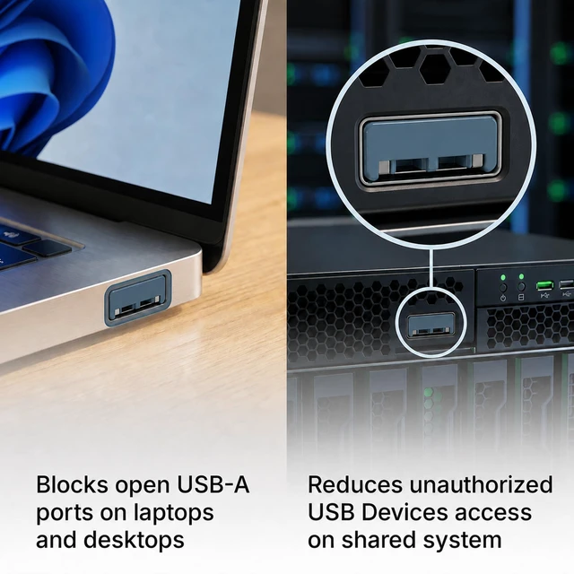 Alt view image 5 of 7 - USB A Port Blockers 10 Pack, Two Point Zinc Alloy Locks, 2 Keys, Blue Two point locking design, zinc alloy construction, helps deter unauthorized USB access, removable with included keys