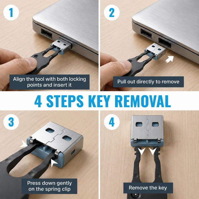 Alt view image 6 of 7 - USB A Port Blockers 10 Pack, Two Point Zinc Alloy Locks, 2 Keys, Blue Two point locking design, zinc alloy construction, helps deter unauthorized USB access, removable with included keys