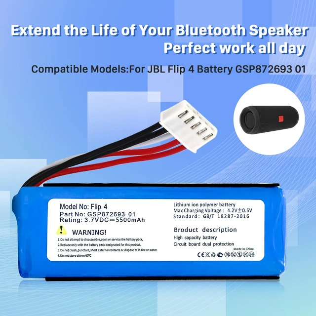 Alt view image 2 of 7 - Battery for Flip 4, New Upgraded (5500mAh) High Capacity Li-Polymer Battery Replacement Compatible with Flip 4, Flip 4 Special Edition Bluetooth Speaker, P/N GSP872693 01