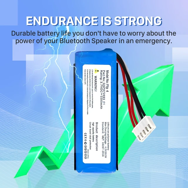 Alt view image 6 of 7 - Battery for Flip 4, New Upgraded (5500mAh) High Capacity Li-Polymer Battery Replacement Compatible with Flip 4, Flip 4 Special Edition Bluetooth Speaker, P/N GSP872693 01