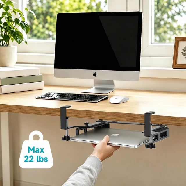 Alt view image 3 of 7 - No Drilling Under Desk Laptop Mount,Adjustable Steel Shelf Holder with Anti-Scratch Pads,Fits 15" Wide & 1.0" Thick Devices,Universal for MacBooks, Surface, Keyboards, Tablets & More