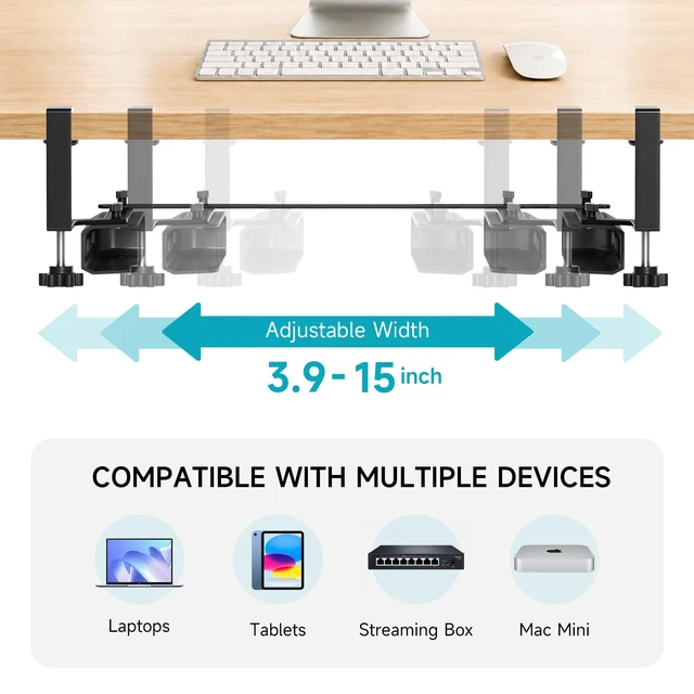 Alt view image 5 of 7 - No Drilling Under Desk Laptop Mount,Adjustable Steel Shelf Holder with Anti-Scratch Pads,Fits 15" Wide & 1.0" Thick Devices,Universal for MacBooks, Surface, Keyboards, Tablets & More