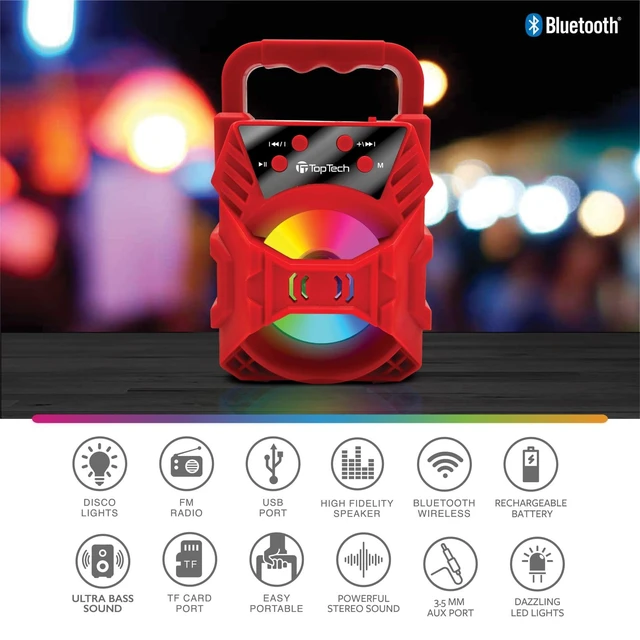 Alt view image 3 of 6 - Audio Blade-4 400W Bluetooth Speaker, Portable 3-Inch Wireless Speaker with LED Lights, TWS Functionality, Karaoke Mode, 6-Hour Rechargeable Battery, USB Drive, TF Card, AUX, FM Radio, Red