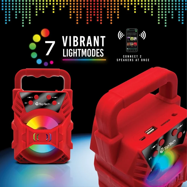 Alt view image 4 of 6 - Audio Blade-4 400W Bluetooth Speaker, Portable 3-Inch Wireless Speaker with LED Lights, TWS Functionality, Karaoke Mode, 6-Hour Rechargeable Battery, USB Drive, TF Card, AUX, FM Radio, Red