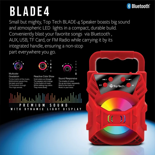 Alt view image 5 of 6 - Audio Blade-4 400W Bluetooth Speaker, Portable 3-Inch Wireless Speaker with LED Lights, TWS Functionality, Karaoke Mode, 6-Hour Rechargeable Battery, USB Drive, TF Card, AUX, FM Radio, Red