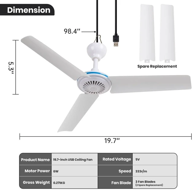 Alt view image 3 of 7 - Small USB Ceiling Fan 19.7Portable Hanging Fans for Power Bank Indoor Outdoor RV Bed Room Desk Boat Coop Travel Tent Canopy Cubicle Mini 3 Blades Silent FanVarious USB ports