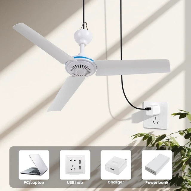 Alt view image 2 of 7 - Small USB Ceiling Fan 19.7Portable Hanging Fans for Power Bank Indoor Outdoor RV Bed Room Desk Boat Coop Travel Tent Canopy Cubicle Mini 3 Blades Silent FanVarious USB ports
