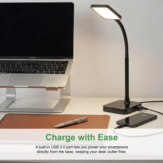 Alt view image 2 of 5 - 11.9 in. Black Integrated LED Slim Desk Lamp with USB Charging Port and Adjustable Lamp Head - Black