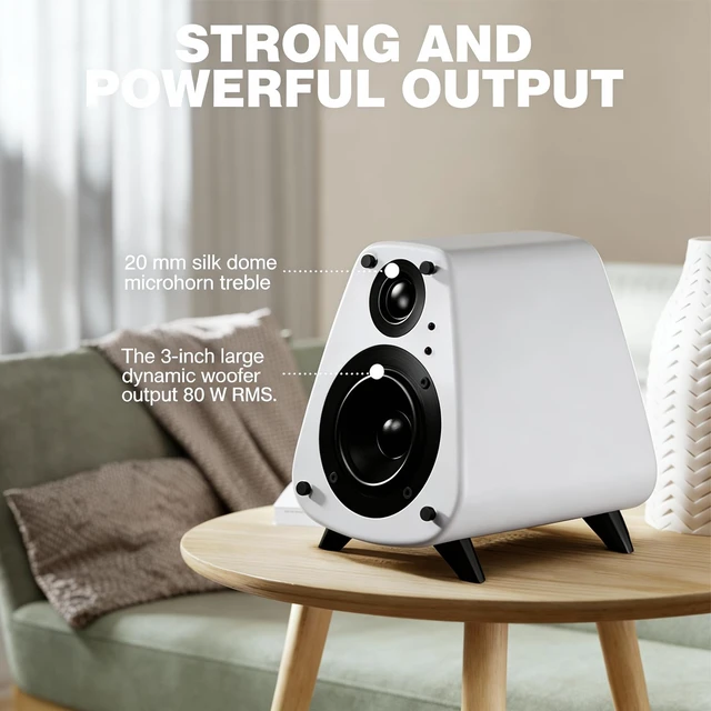 Alt view image 4 of 7 - Powered Bookshelf Speaker,Active Bluetooth 5.3 80W RMS 2-Way Stereo / 3 Aluminum Long-Stroke Woofer & 20 mm Silk Dome Tweeter, RCA + Optical Inputs, Sub-Out & Remote WoodenAS-31 (Matte White)