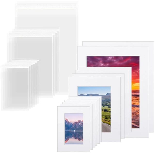 Main image of 12 Sets Picture Frame Mats, 5x7 8x10 11x14 Photo Mat Board, White Bevel Cut Mat, 20 Clear Bags Included, For Photos Prints Artwork, White Cardboard Mats, Home Gallery Display
