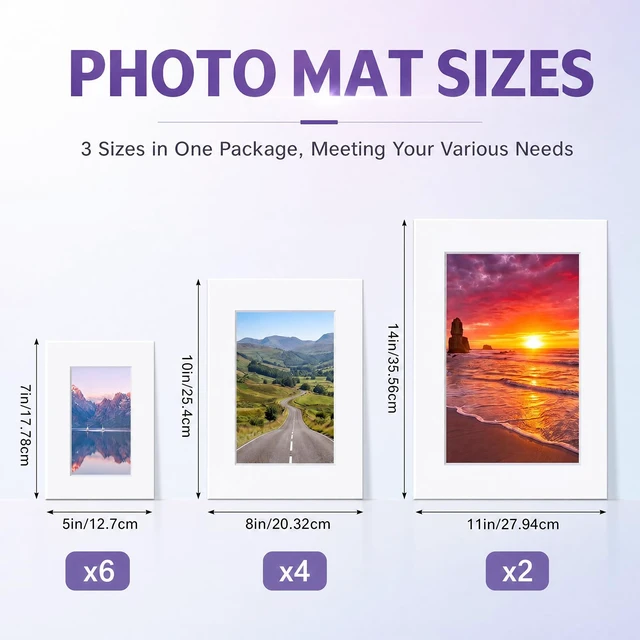 Alt view image 2 of 7 - 12 Sets Picture Frame Mats, 5x7 8x10 11x14 Photo Mat Board, White Bevel Cut Mat, 20 Clear Bags Included, For Photos Prints Artwork, White Cardboard Mats, Home Gallery Display