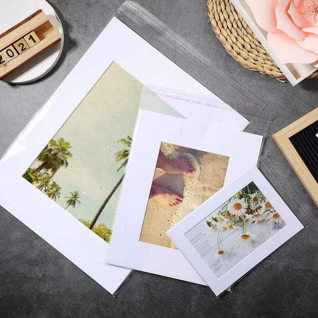 Alt view image 5 of 7 - 12 Sets Picture Frame Mats, 5x7 8x10 11x14 Photo Mat Board, White Bevel Cut Mat, 20 Clear Bags Included, For Photos Prints Artwork, White Cardboard Mats, Home Gallery Display