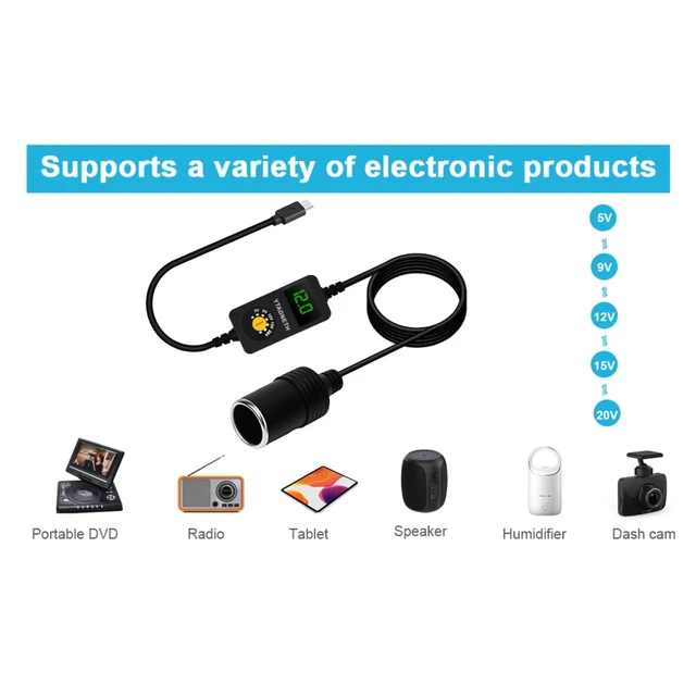 Alt view image 5 of 7 - USB C to 5V 9V 12V 15V 20V Cigarette Lighter Adapter, USB C Male to Cigarette Lighter Female Socket, PD Trigger Cable with LED Display Voltage, for Dash Cam, GPS, Car LED Light Strips (3.93 FT)