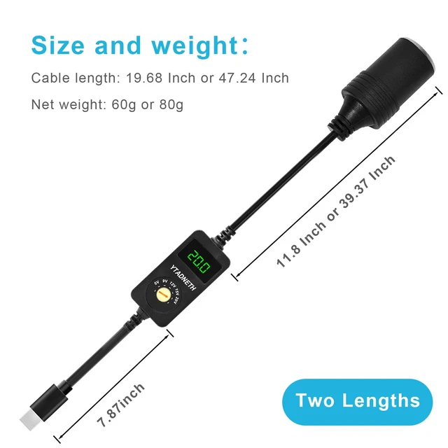 Alt view image 6 of 7 - USB C to 5V 9V 12V 15V 20V Cigarette Lighter Adapter, USB C Male to Cigarette Lighter Female Socket, PD Trigger Cable with LED Display Voltage, for Dash Cam, GPS, Car LED Light Strips (3.93 FT)