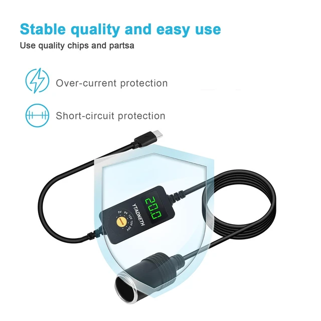 Alt view image 7 of 7 - USB C to 5V 9V 12V 15V 20V Cigarette Lighter Adapter, USB C Male to Cigarette Lighter Female Socket, PD Trigger Cable with LED Display Voltage, for Dash Cam, GPS, Car LED Light Strips (3.93 FT)