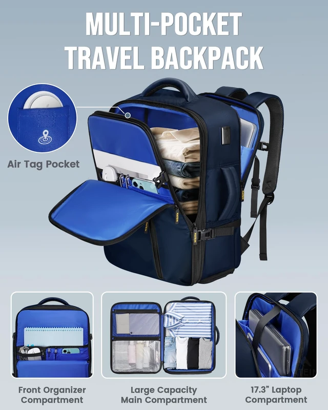 Alt view image 2 of 7 - Personal Item Backpack 18x14x8, Expandable Underseat Travel Backpack Large Carry on Bag Luggage, Shoe Compartment Removable, TSA Approved, Fit 17.3 inch Laptop, For Frontier Airlines, Blue
