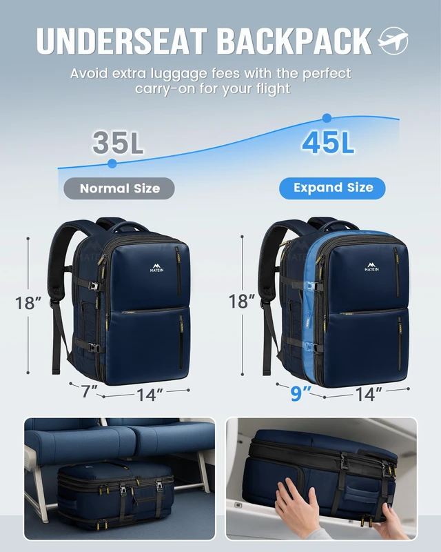 Alt view image 4 of 7 - Personal Item Backpack 18x14x8, Expandable Underseat Travel Backpack Large Carry on Bag Luggage, Shoe Compartment Removable, TSA Approved, Fit 17.3 inch Laptop, For Frontier Airlines, Blue