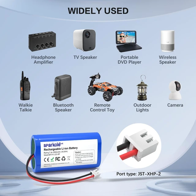 Alt view image 4 of 7 - 7.4V 2500mAh Li-ion Rechargeable Battery for Speaker/ Remote Control/Toy 7.4v battery for Bluetooth Boom Box/ Impact Massager/ Portable DVD Player/ Outdoor Lighting