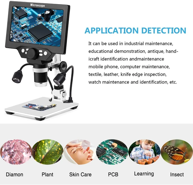 Alt view image 2 of 7 - 7" LCD Digital Microscope for Adults, 1200X Coin Magnifier with Screen, 12MP 1080P USB Camera, Metal Stand, 8 LED Lights, PC View for Soldering and PCB Repair
