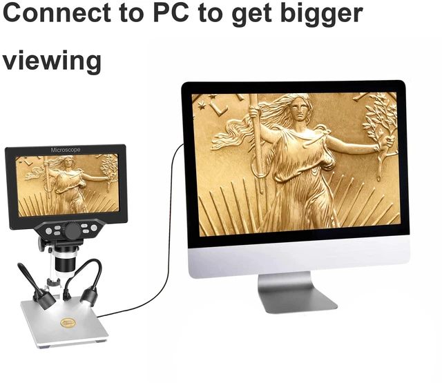 Alt view image 3 of 7 - 7" LCD Digital Microscope for Adults, 1200X Coin Magnifier with Screen, 12MP 1080P USB Camera, Metal Stand, 8 LED Lights, PC View for Soldering and PCB Repair