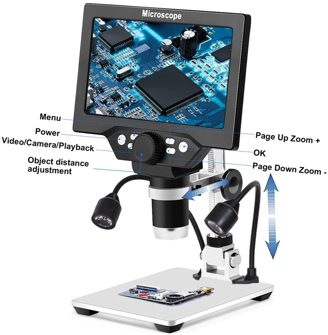 Alt view image 4 of 7 - 7" LCD Digital Microscope for Adults, 1200X Coin Magnifier with Screen, 12MP 1080P USB Camera, Metal Stand, 8 LED Lights, PC View for Soldering and PCB Repair
