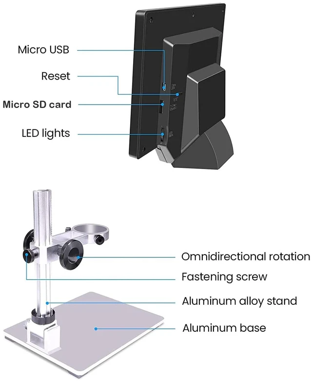 Alt view image 5 of 7 - 7" LCD Digital Microscope for Adults, 1200X Coin Magnifier with Screen, 12MP 1080P USB Camera, Metal Stand, 8 LED Lights, PC View for Soldering and PCB Repair