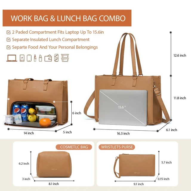 Alt view image 4 of 6 - 3pcs Laptop Bag for Women 15.6 inch and Lunch Tote Bag for Women with Insulated Lunch Compartment Computer Briefcase