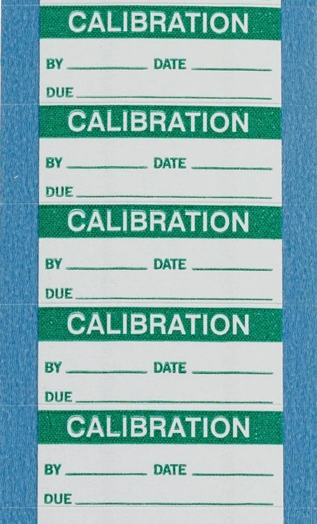 Main image of WO-10-VP 1.5" Width x 0.625" Height, B-500 Repositionable Vinyl Cloth, Green on White Calibration Label, Legend "Calibration" (Pack of 5 Card, 14 per Card)