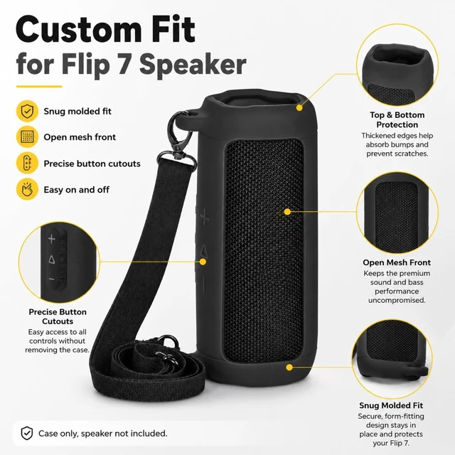 Alt view image 2 of 7 - Silicone Case for JBL Flip 7 with Shoulder Strap&Carabiner-Black Flexible Soft, Precise Cutouts for Buttons and USB-C Port, Lightweight Protection, for Travel, Camping, Beach, and Hiking