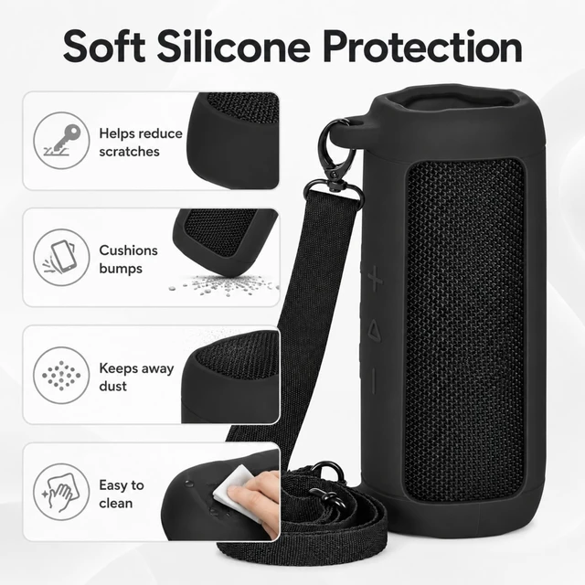 Alt view image 4 of 7 - Silicone Case for JBL Flip 7 with Shoulder Strap&Carabiner-Black Flexible Soft, Precise Cutouts for Buttons and USB-C Port, Lightweight Protection, for Travel, Camping, Beach, and Hiking