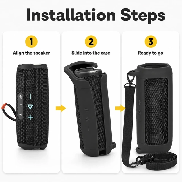 Alt view image 3 of 7 - Silicone Case for JBL Flip 7 with Shoulder Strap&Carabiner-Black Flexible Soft, Precise Cutouts for Buttons and USB-C Port, Lightweight Protection, for Travel, Camping, Beach, and Hiking