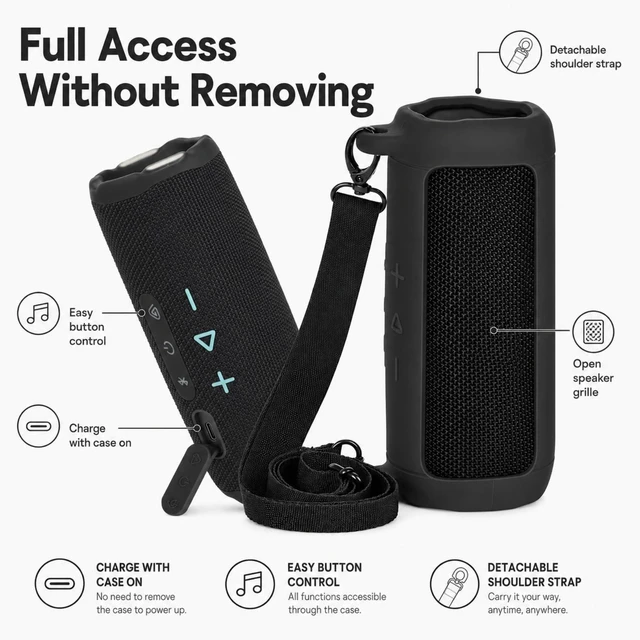 Alt view image 5 of 7 - Silicone Case for JBL Flip 7 with Shoulder Strap&Carabiner-Black Flexible Soft, Precise Cutouts for Buttons and USB-C Port, Lightweight Protection, for Travel, Camping, Beach, and Hiking