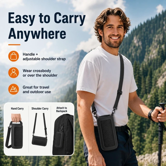 Alt view image 6 of 7 - Silicone Case for JBL Flip 7 with Shoulder Strap&Carabiner-Black Flexible Soft, Precise Cutouts for Buttons and USB-C Port, Lightweight Protection, for Travel, Camping, Beach, and Hiking