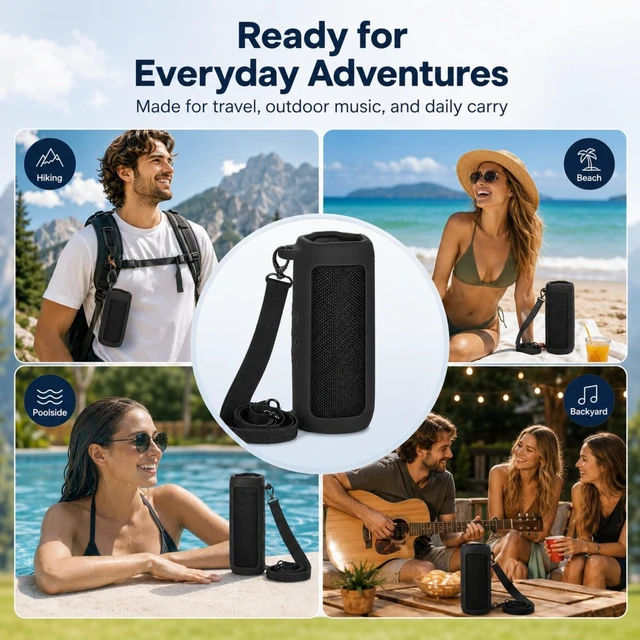 Alt view image 7 of 7 - Silicone Case for JBL Flip 7 with Shoulder Strap&Carabiner-Black Flexible Soft, Precise Cutouts for Buttons and USB-C Port, Lightweight Protection, for Travel, Camping, Beach, and Hiking
